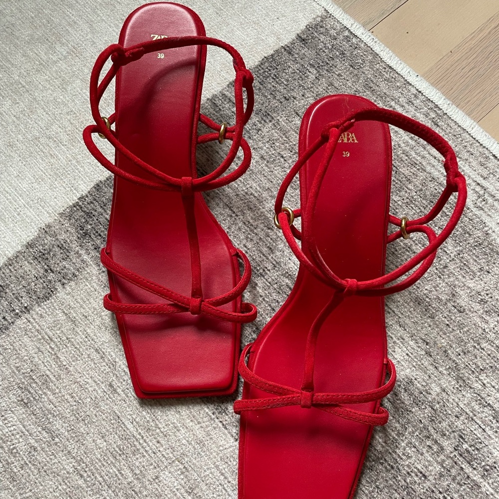 Red Strappy Sandals Square Toe